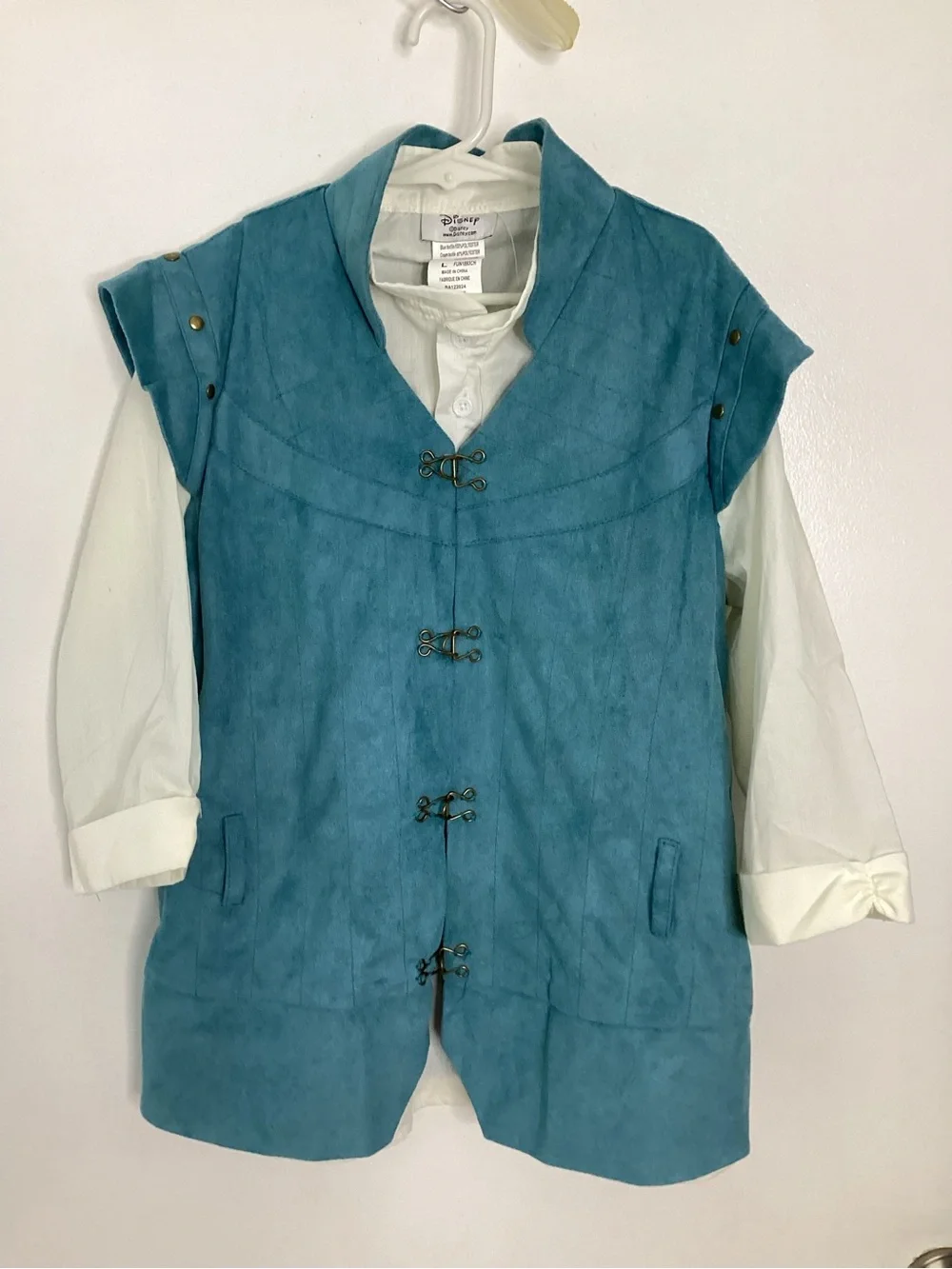 Disney Tangled Flynn Rider Teal Blue Suede-Style Vest with White Shirt Costume L - Picture 1 of 12